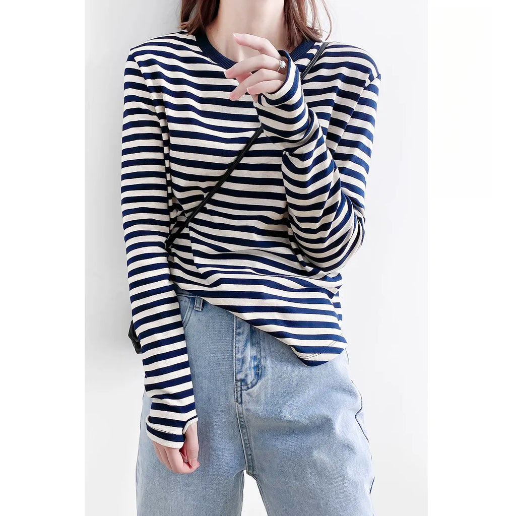 指通し袖口ストライプ ロングスリーブ T シャツ M00107