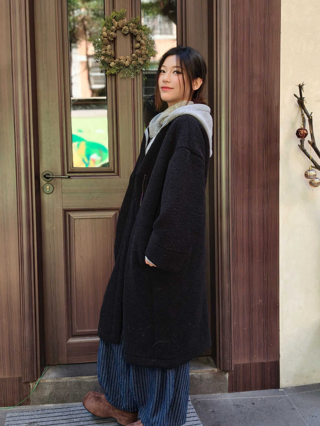 フェイクシープスキン フード付きコート M00138