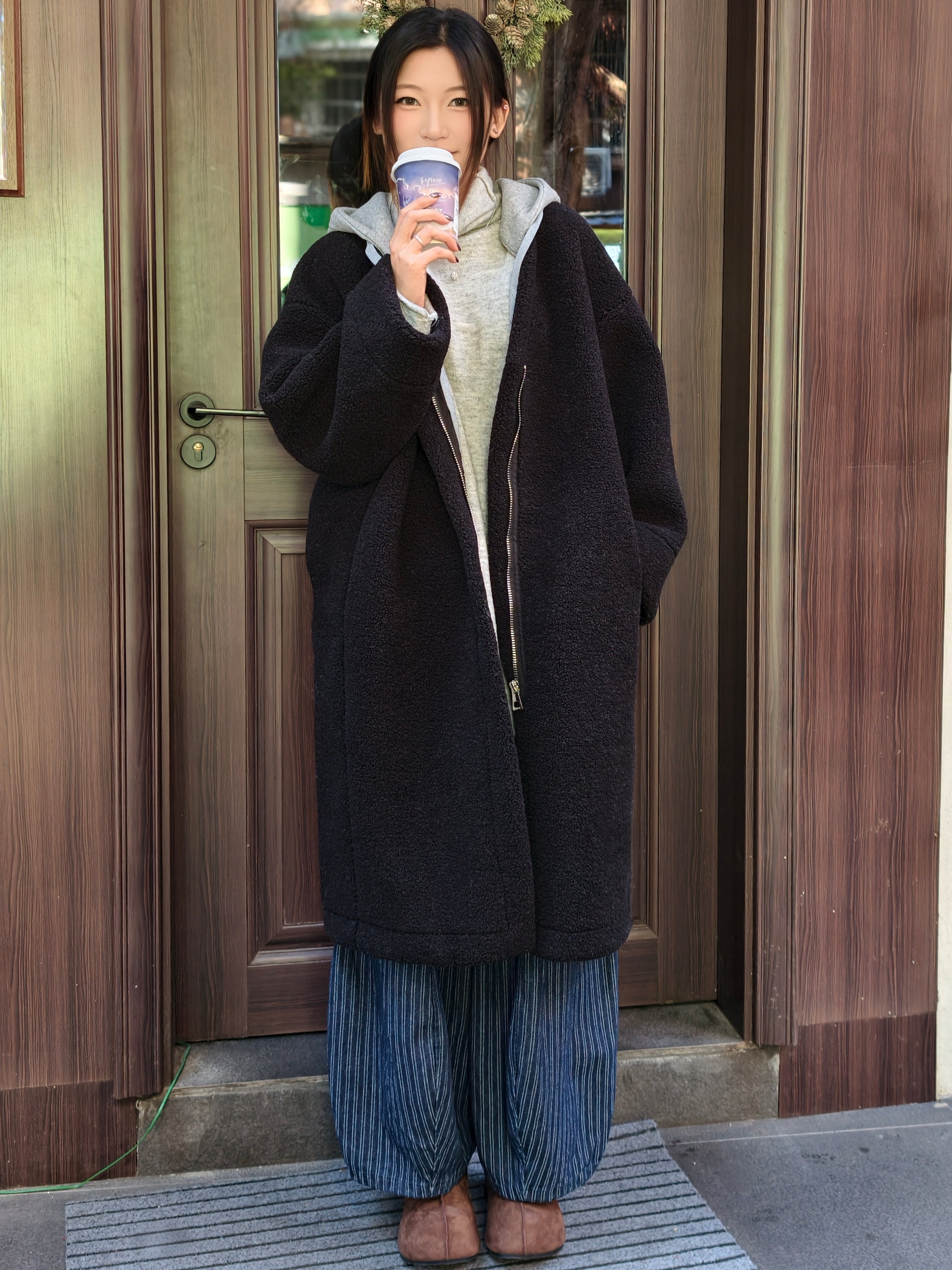 フェイクシープスキン フード付きコート M00138