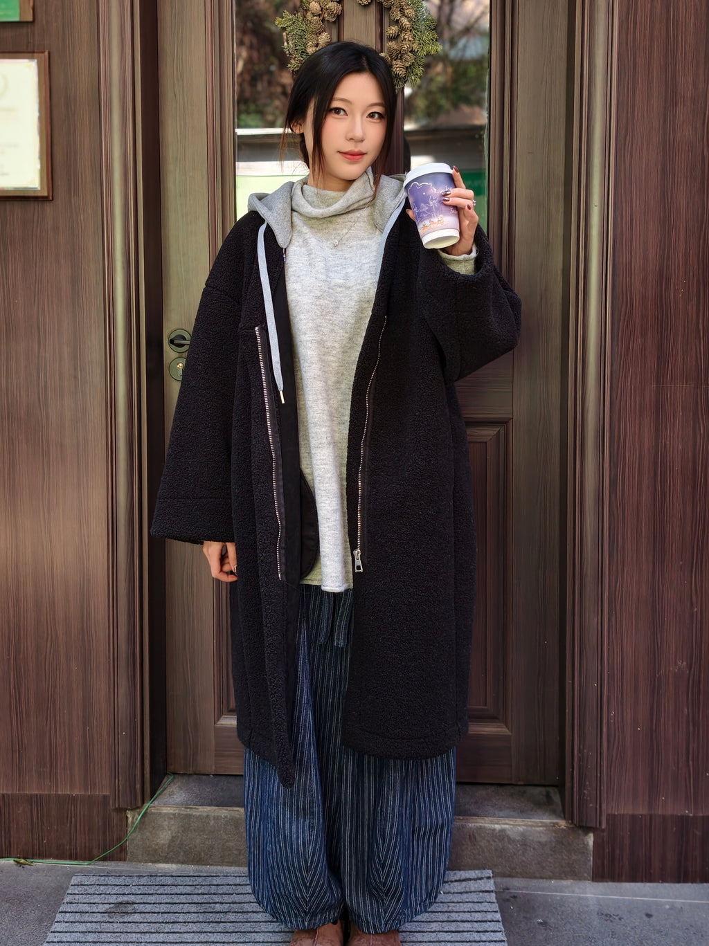 フェイクシープスキン フード付きコート M00138