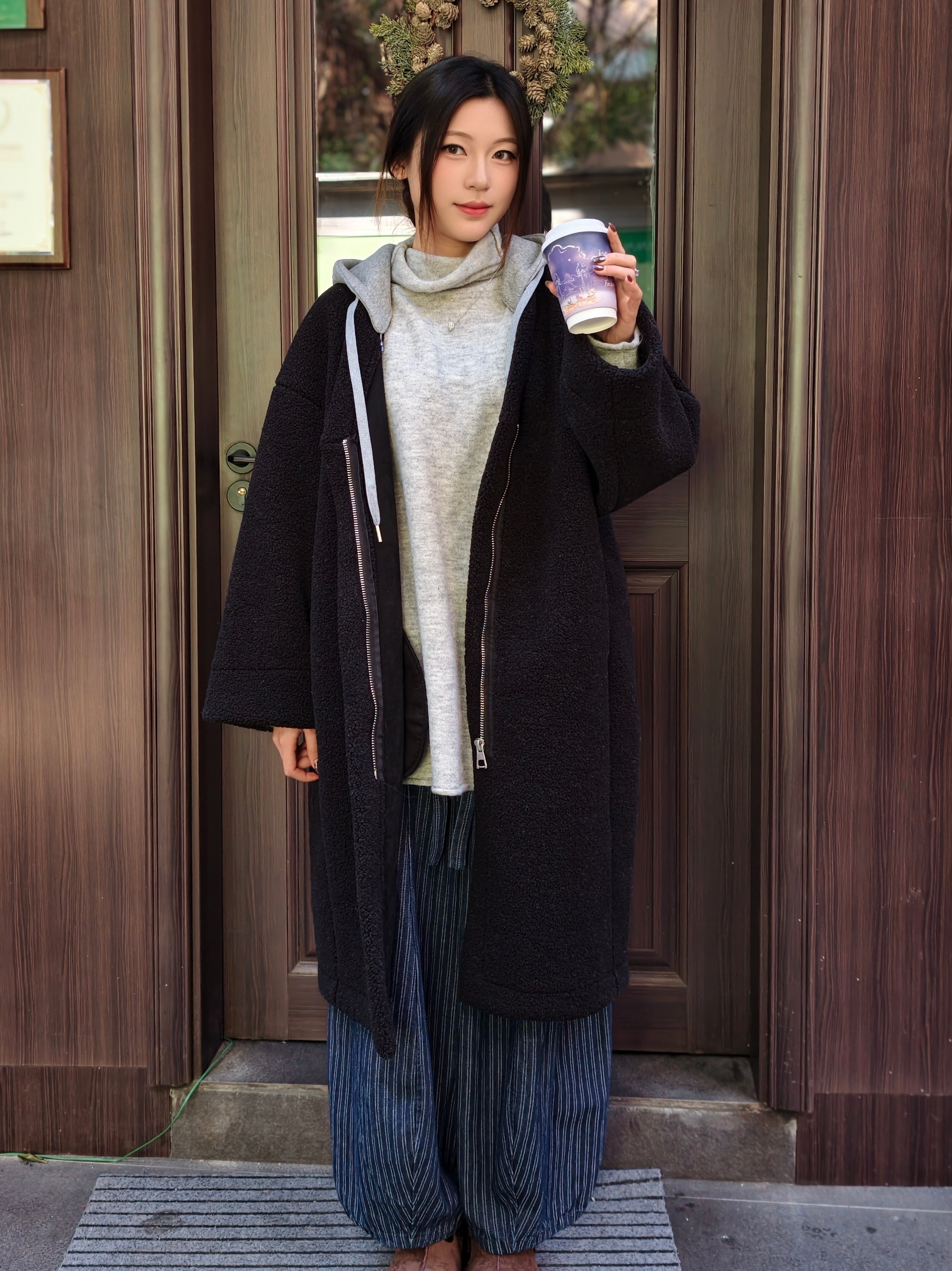 フェイクシープスキン フード付きコート M00138