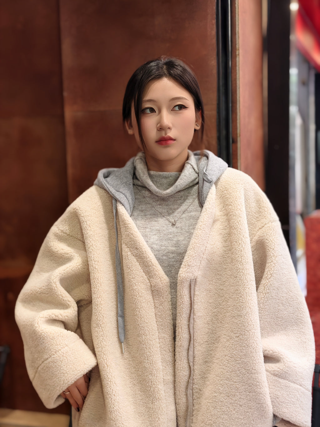 フェイクシープスキン フード付きコート M00138