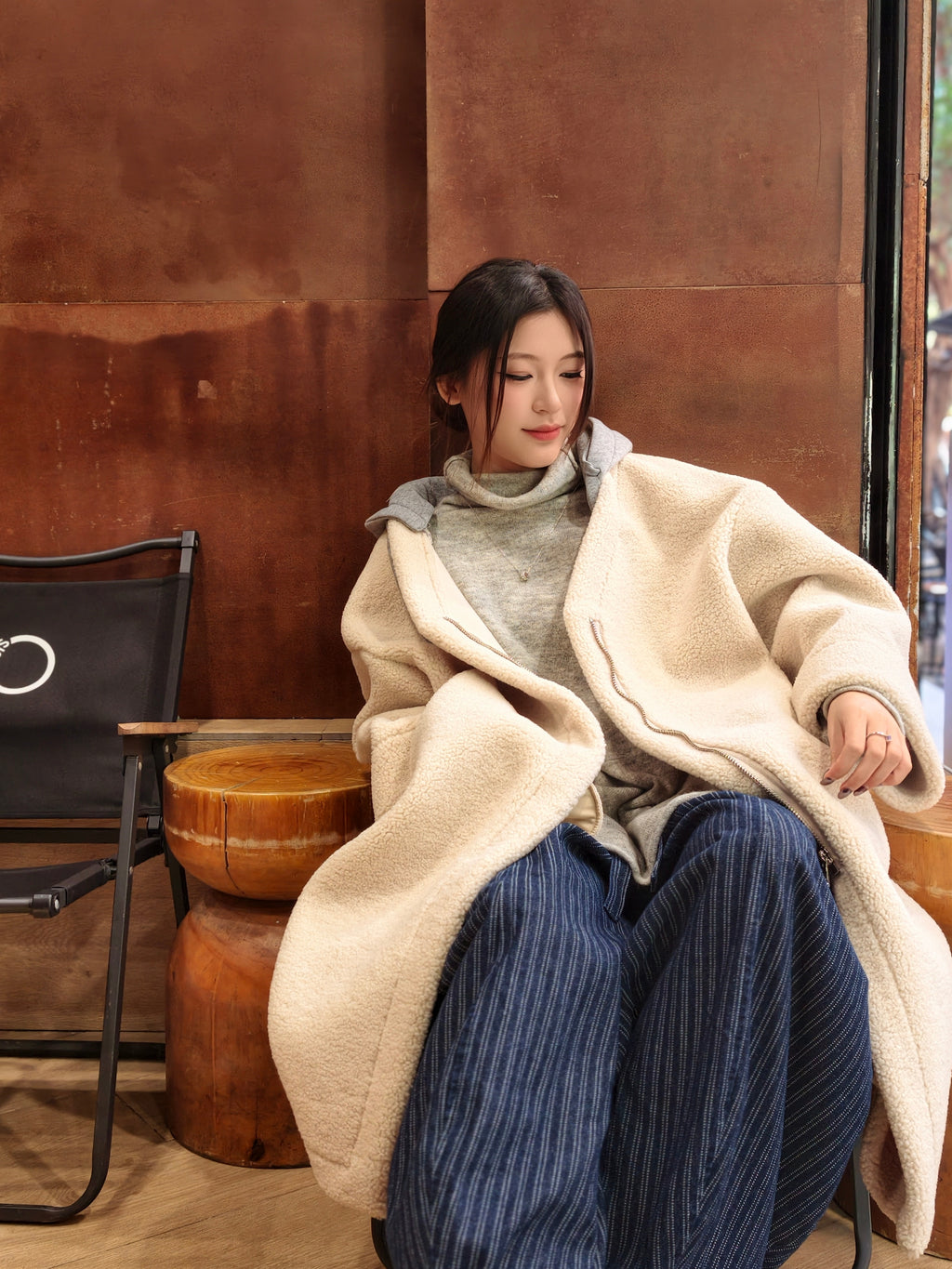 フェイクシープスキン フード付きコート M00138