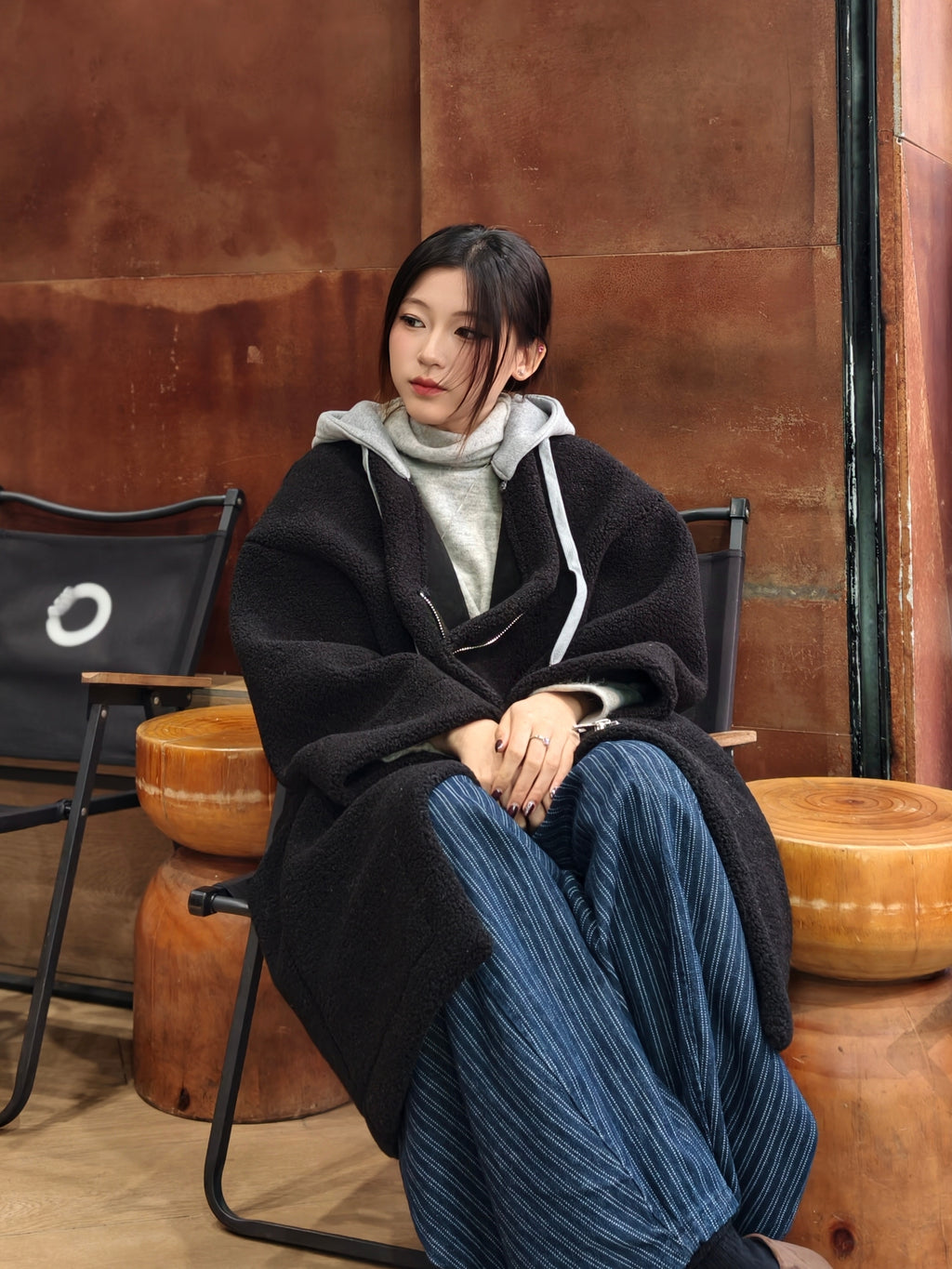 フェイクシープスキン フード付きコート M00138