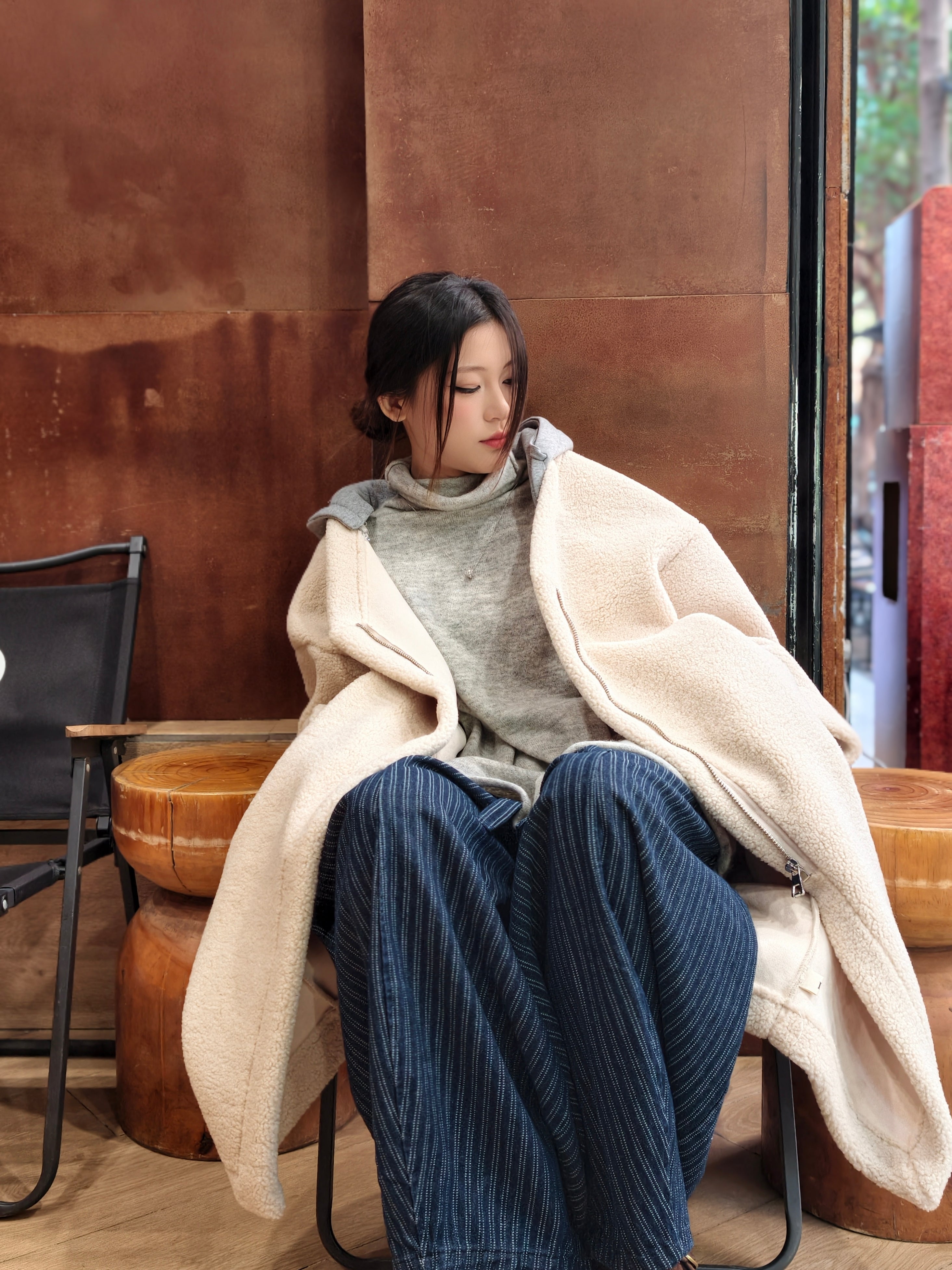 フェイクシープスキン フード付きコート M00138