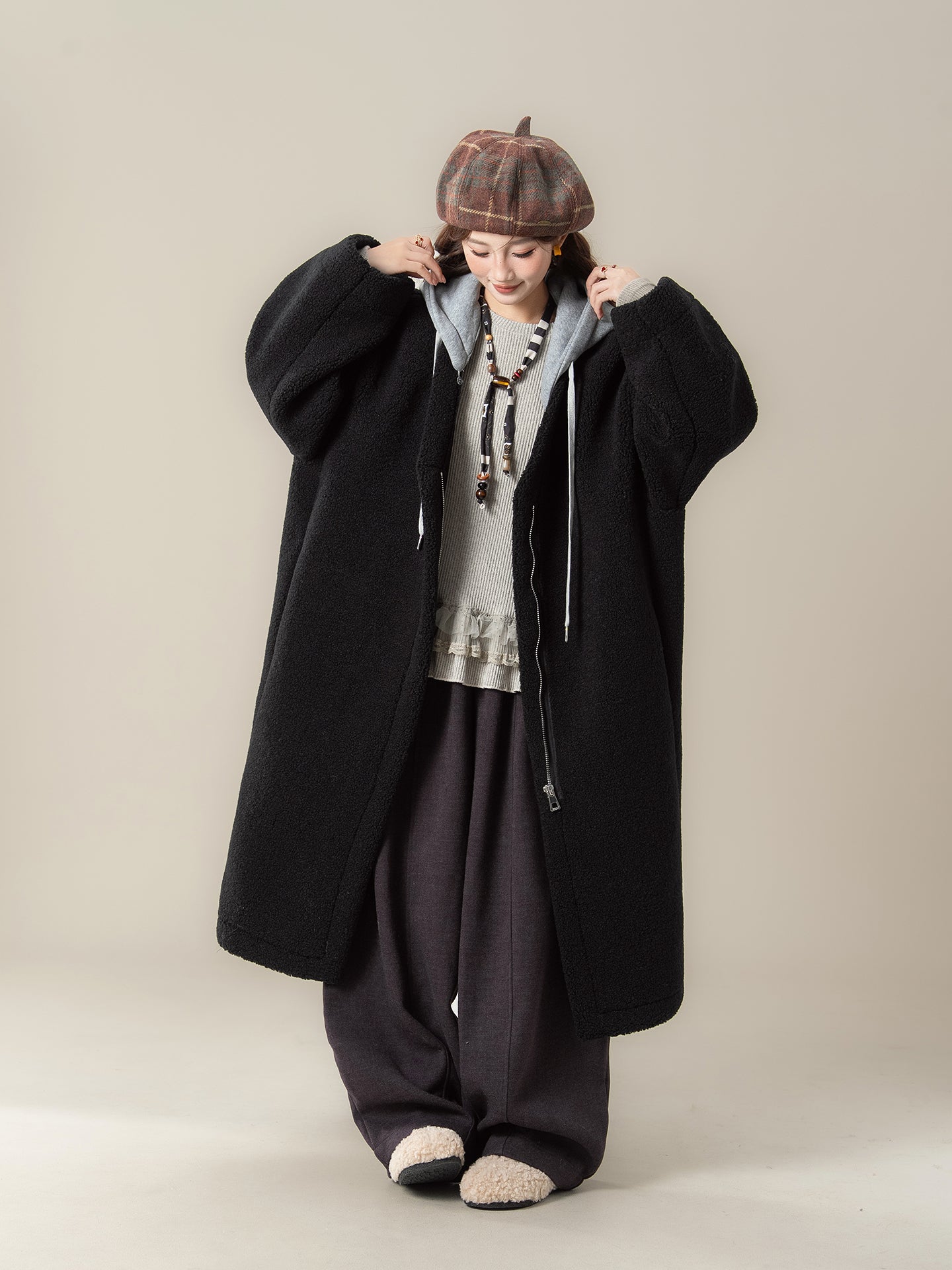 フェイクシープスキン フード付きコート M00138