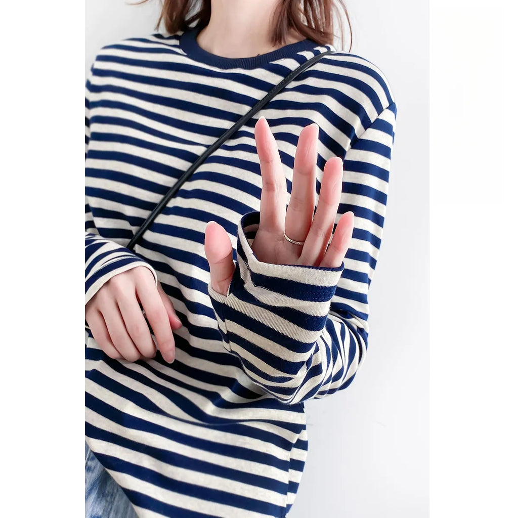 指通し袖口ストライプ ロングスリーブ T シャツ M00107