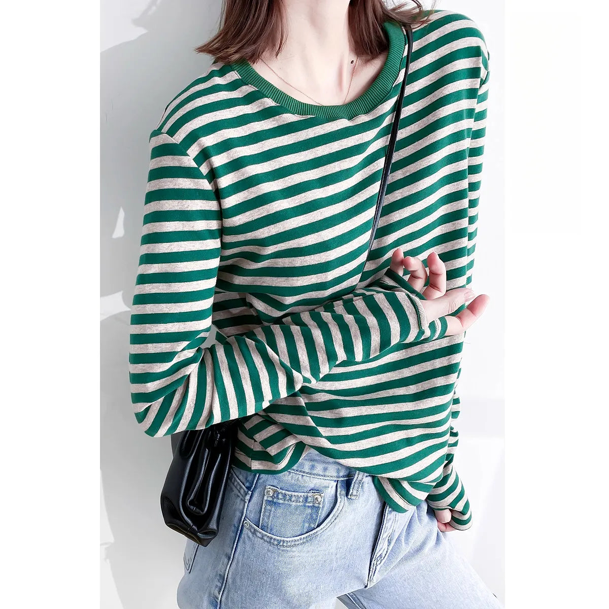 指通し袖口ストライプ ロングスリーブ T シャツ M00107